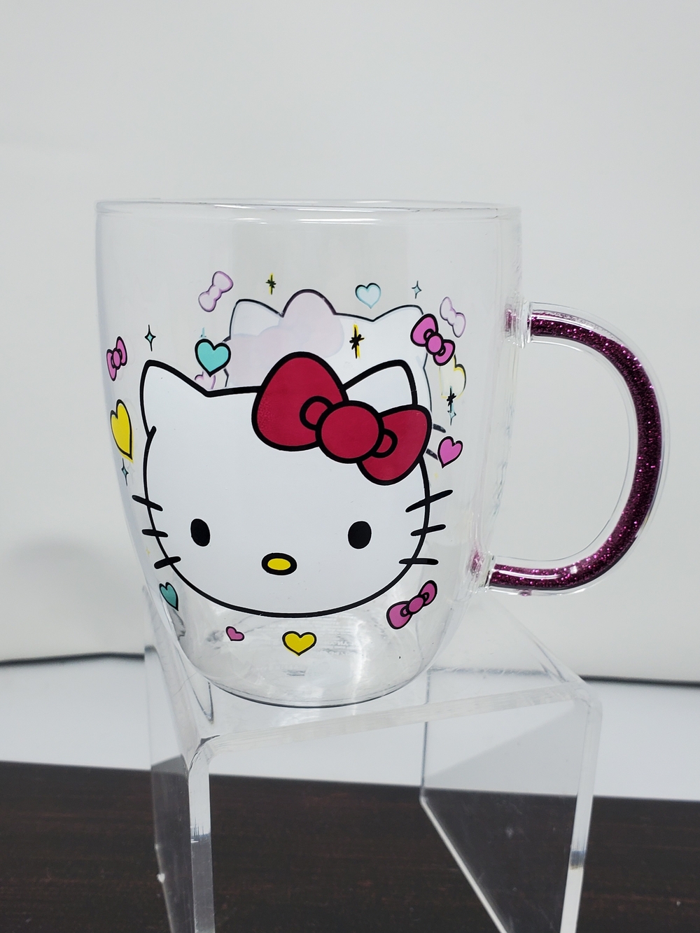 Hello Kitty Clear Mug with Pink Glitter Handle and Red Bow